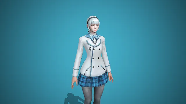 灰白蓝边制服配格裙校园风女角色：雾屿学院风少女模型