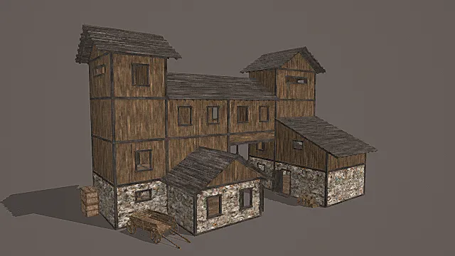 复古木石混合古风工坊建筑群3D模型