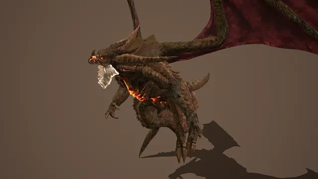 3D卡通风格棕红橙绿系奇幻火龙模型，创意设计（3D火龙、卡通风格、卡通奇幻风，怪物设计主题）