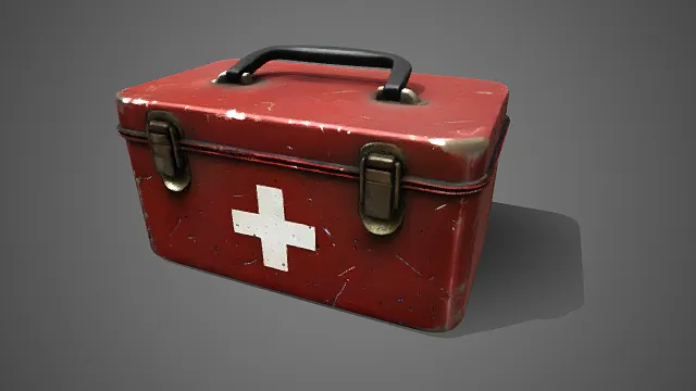 红色急救箱  十字标识  锈迹  金属  便携医药箱  磨损