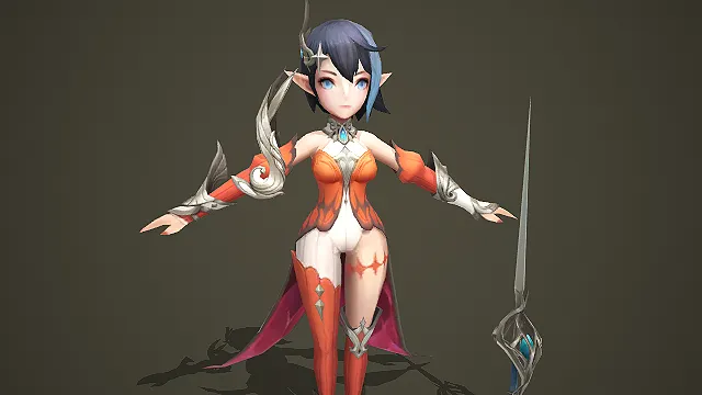 橙红蝶翼短裙精灵法师带水晶长剑