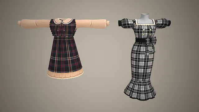 格纹连衣裙  娃娃领设计  泡泡袖  鱼尾裙摆  蝴蝶结腰封