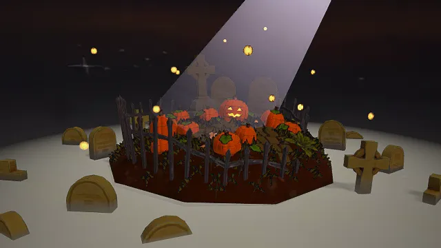 3D卡通风格万圣节墓地小景模型，创意设计（3D场景、卡通风格、奇幻节日风，万圣节主题）