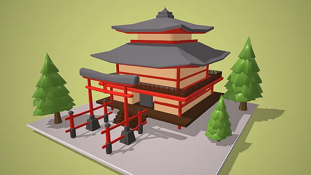 卡通风格日式神社建筑 3D 低多边形场景装饰模型