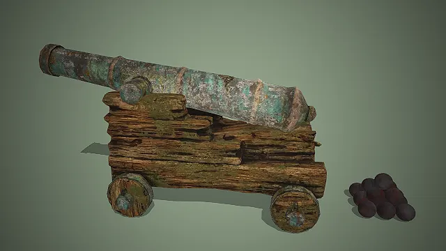 一个做旧风格的古炮3D模型，呈现出复古的历史兵器