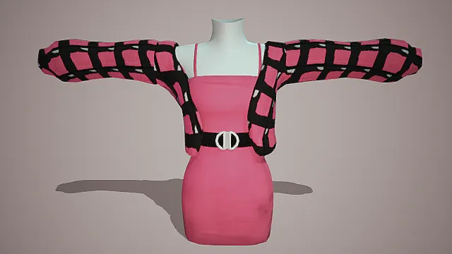 粉裙配黑粉格纹外搭3D服装模型，带双环扣腰带