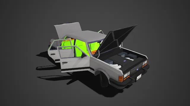 低多边形  卡通轿车  亮黄色的内饰  简洁  游戏场景  拆解展示  几何造型