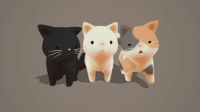 3D卡通风萌系猫咪组合模型，创意设计（3D萌系猫咪、卡通风格、三只猫咪、可爱治愈、萌系组合、角色设计感）