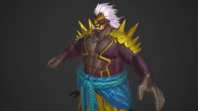 兽化壮汉：金饰紫躯的和风妖魔  妖异风格  身形壮硕  虎面獠牙  和风服饰特征  粗犷张力  异域战斗者