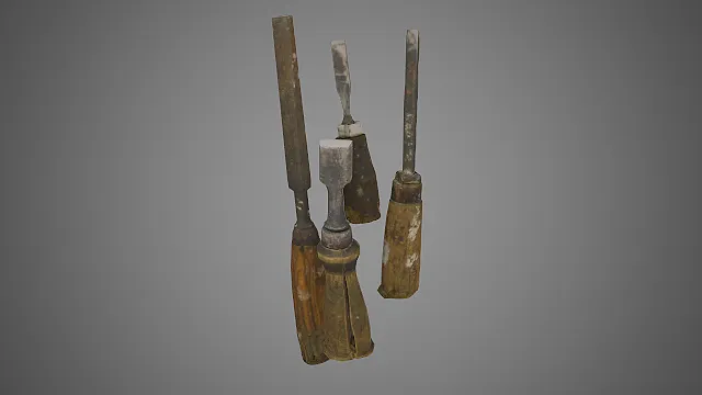 写实老式凿子套装  木工雕刻工具  做旧磨损  怀旧五金器具