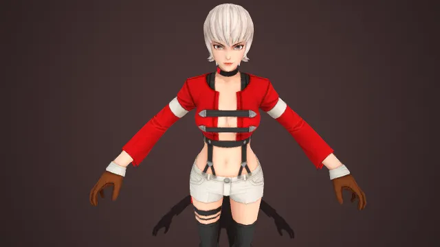  3D 女性角色模型  银短发  红白衣装造型  白色短裤长靴  利落干练战斗形象  棕色皮手套装饰  红白黑配色