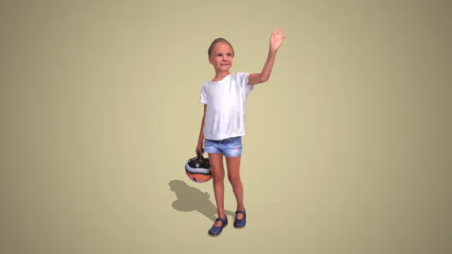 白 T 恤牛仔短裤小女孩持头盔挥手站姿 3D 模型