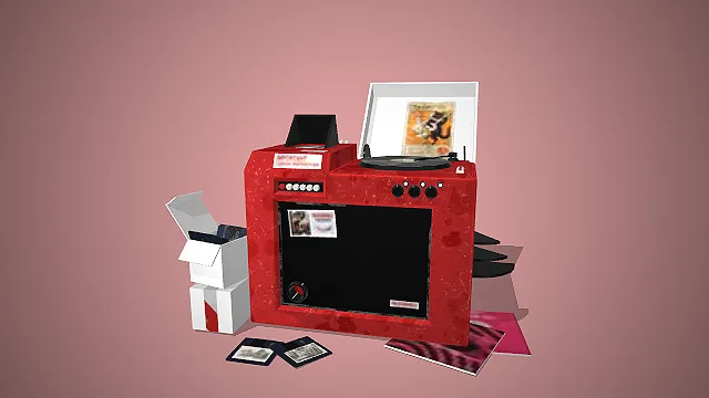 融合复古与赛博朋克风格的3D红色唱片机终端模型