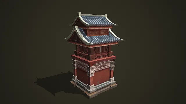 带雕花基座的中式古风双层塔楼建筑