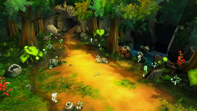 卡通风格3D森林场景模型，创意设计（卡通森林场景、3D模型、茂密树木、神秘洞穴、奇幻植物、彩色路径、独特环境 ）