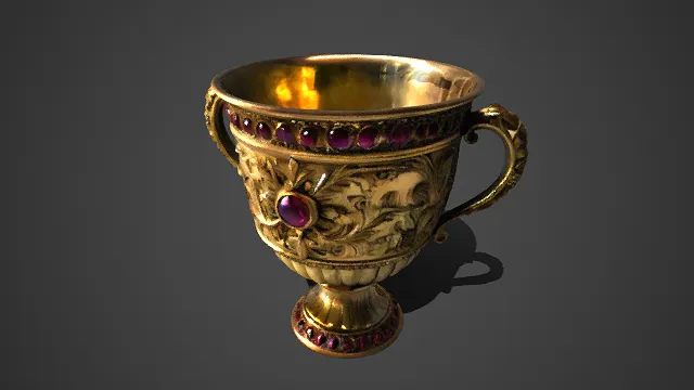 华贵  鎏金圣杯  黄金打造  繁复雕纹  红宝石  宫廷器物  
