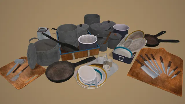   3D卡通风格棕灰蓝白系复古餐厨用具模型组，创意设计（3D厨具、卡通风格、卡通复古风，厨具设计主题）