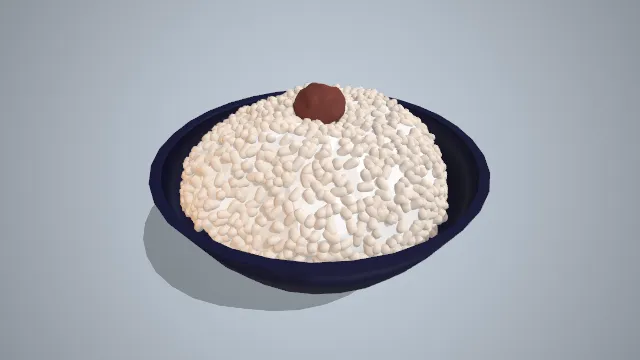 蓝色碗装的一碗米饭顶部有配菜装饰