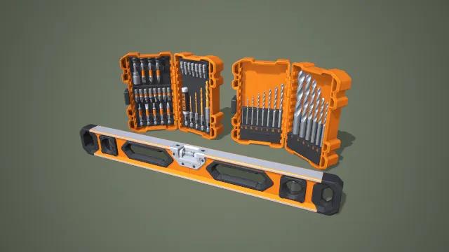 批头钻头水平尺组合 3D 低多边形工具套装模型