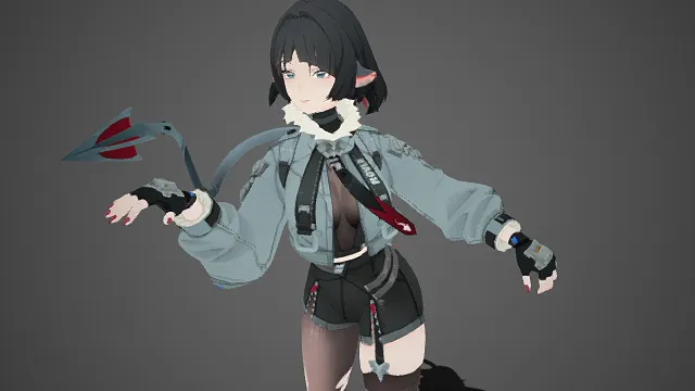 尖耳  机能风  奇幻少女  灰蓝工装  夹克  破洞袜  机能靴