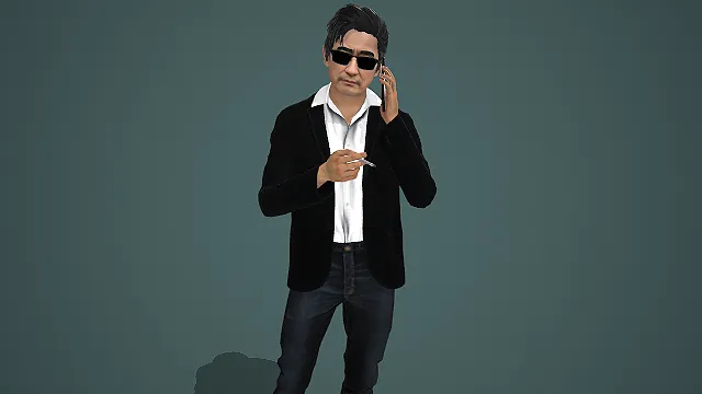 戴墨镜穿休闲西装打电话叼香烟的男性写实模型