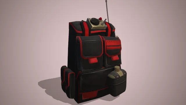 黑色背包红色装饰装有军用净水壶通讯器