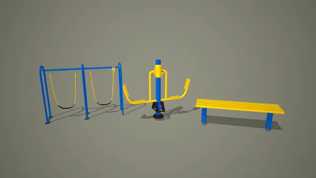 蓝黄配色双人秋千、跷跷板与休闲长椅组合 3D 模型