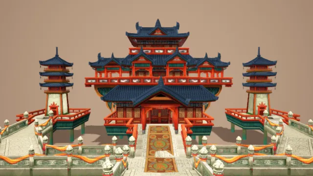 3D卡通风格中式宫殿建筑群模型，创意设计（3D建筑、卡通风格、华丽喜庆，文化主题，物品元素）