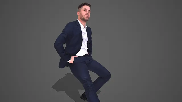 藏蓝西装男性坐姿插兜商务人物 3D 模型