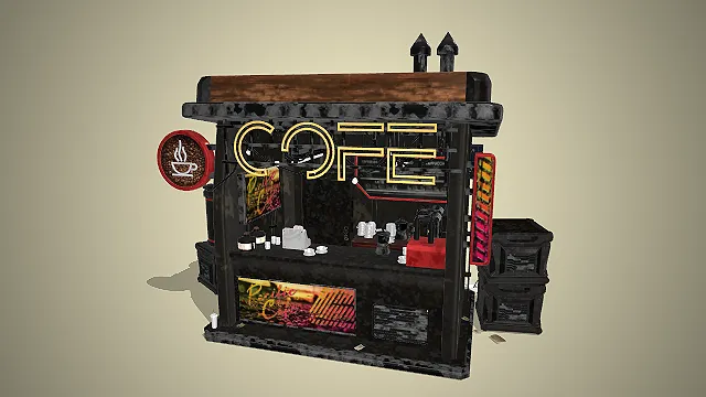一个赛博朋克废土风格的3D咖啡摊位模型
