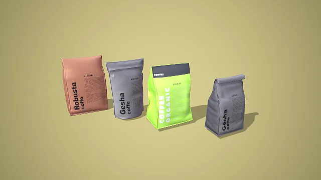 卡通风格多口味咖啡豆袋组合 3D 低多边形咖啡场景装饰模型