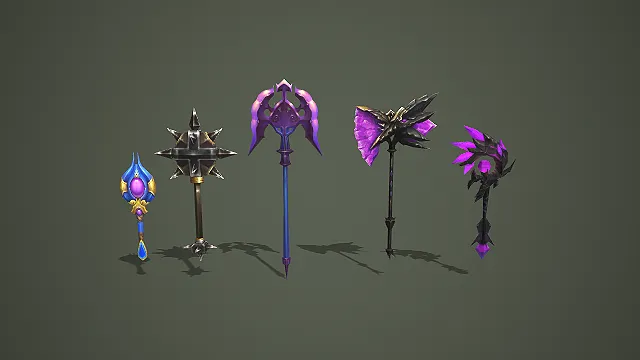 五款奇幻风格法杖战斧武器道具组合模型