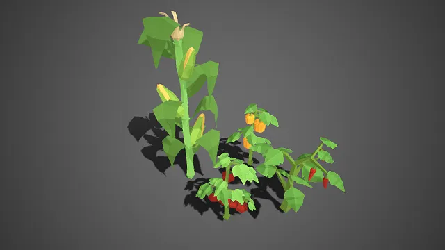 低多边形  田园作物  玉米植株  黄椒植株  红辣椒植株  鲜活感  