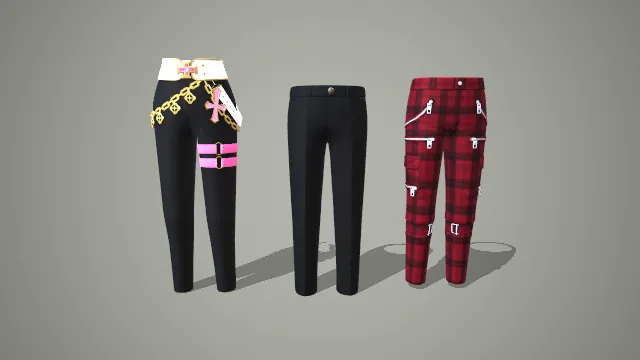 朋克风粉黑格纹装饰裤与纯黑西裤三件套 3D 模型