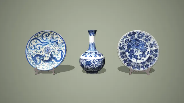 青花龙凤纹赏盘与缠枝莲胆瓶组合瓷器 3D 模型