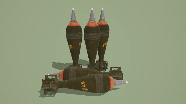 3D卡通风格棕红灰系炮弹模型，创意设计（3D炮弹、卡通风格、军事写实风，炮弹设计主题）