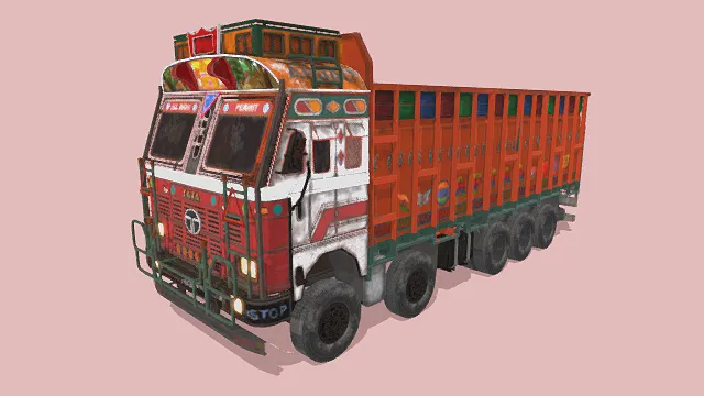 3D卡通风格彩色卡车模型，创意设计（3D卡车、卡通风格、写实风，车辆设计主题）