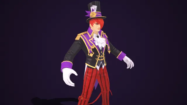 奇幻风格  魔术师  诡谲华丽  紫黑金纹华服  高帽  扑克元素  华丽感  