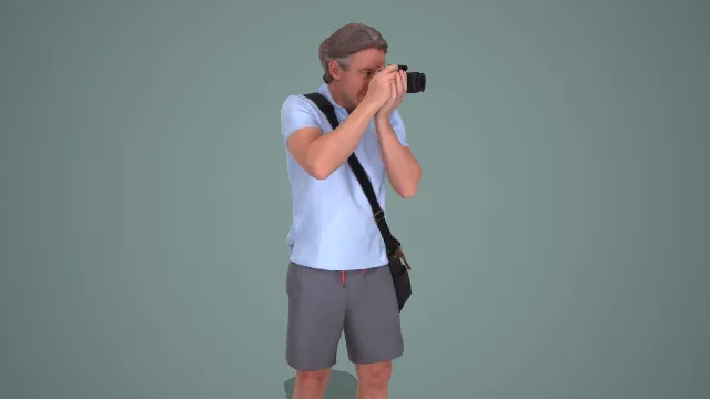 浅蓝 Polo 衫配相机男士户外拍摄休闲姿态 3D 模型