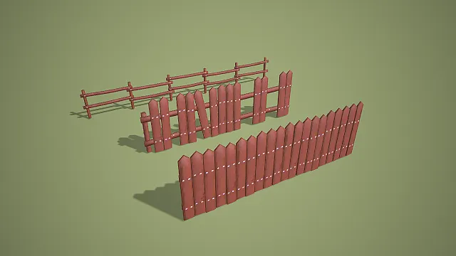 卡通风格三款做旧木栅栏组合 3D 低多边形场景装饰模型