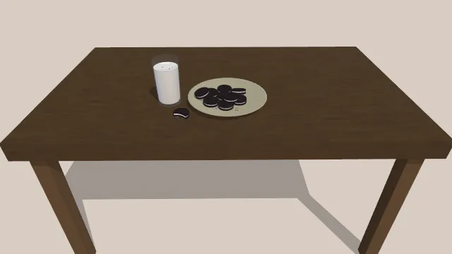 桌子摆放有奥利奥饼干盘和装有牛奶的玻璃杯