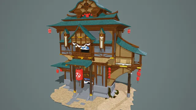 卡通风格3D日式古风建筑模型，创意设计（卡通日式古风建筑、3D模型、日式建筑造型、多层结构、奇幻童趣、卡通治愈）