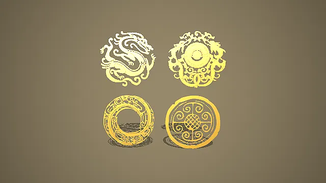 卡通风格中式圆形龙纹与回纹组合 3D 低多边形国风装饰场景模型