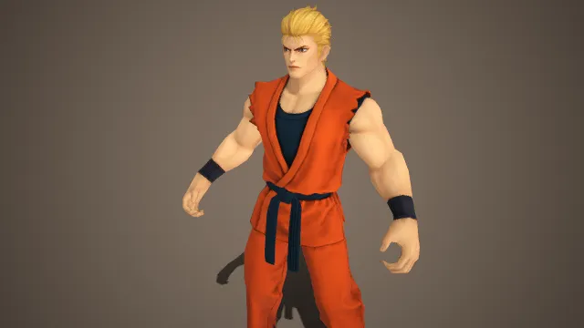 传统武道风格  格斗游戏角色  空手道战士  利落金发  肌肉线条  橙黑撞色  