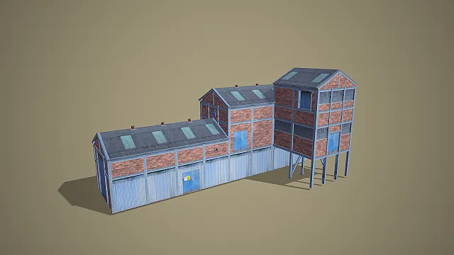 写实风格多层组合式红砖工业厂房 3D 低多边形场景模型