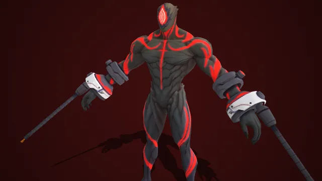 暗黑科幻风格  异能战士  机械臂  黑红主色调  暗黑杀戮者  压迫感  肌肉肌理  神秘威慑力