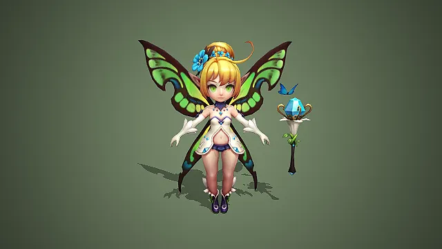卡通 Q 版蝴蝶翅膀花仙子精灵少女带法杖 3D 游戏角色模型