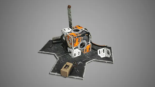 废土风格  机械装置模型  金属方块结构  黑色线缆  科技造物  工业风