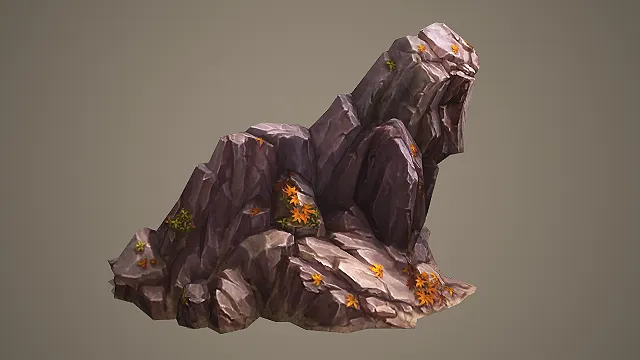 低模带秋叶紫灰色岩石 3D 模型 游戏场景山石装饰素材.fbx