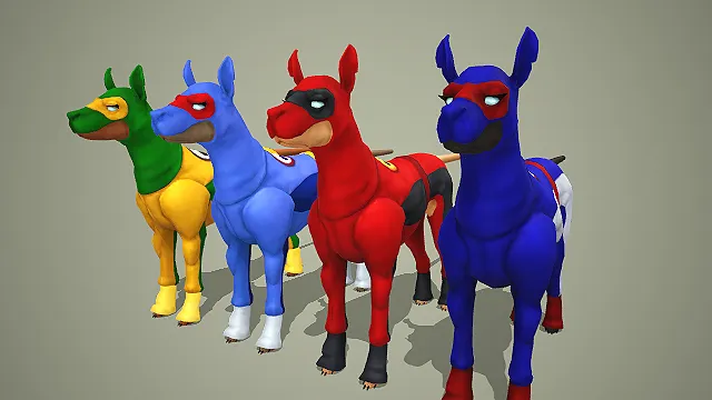 四色超级英雄杜宾犬 3D 模型 创意宠物角色素材合集